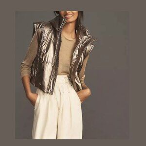 ANTHROPOLOGIE Daily Practice Metallic Puffer Vest Hooded Crop Gold Women's Large